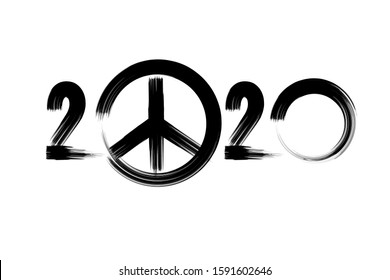 Black Peace icon with Free hand brush style in 2020 text on white background for Happy new year 2020 and International Day of Peace 21 September