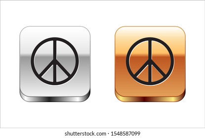 Black Peace icon isolated on white background. Hippie symbol of peace. Silver-gold square button. Vector Illustration