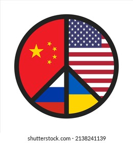 Black Peace icon isolated on white background. Pacific logo, sign. American and Chinese flags. Conflict Russia-Ukraine. Vector illustration. EPS10