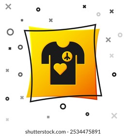 Black Peace symbol t-shirt print stamp icon isolated on white background. Yellow square button. Vector