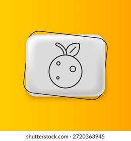 Black Peach fruit or nectarine with leaf icon isolated on yellow background. Silver rectangle button. Vector