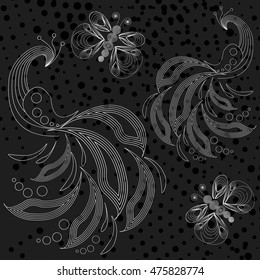 Black peacock and butterflies pattern