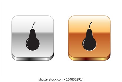 Black Pear icon isolated on white background. Fruit with leaf symbol. Silver-gold square button. Vector Illustration