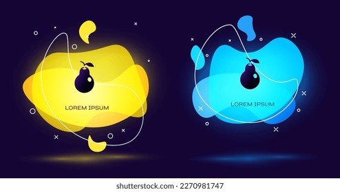 Black Pear icon isolated on black background. Fruit with leaf symbol. Abstract banner with liquid shapes. Vector