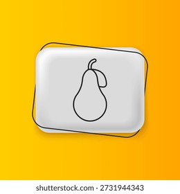 Ícone de pera preta isolado no fundo amarelo. Fruta com símbolo de folha. Botão retângulo prateado. Vetor