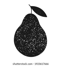 Black pear silhouette isolated on a white background. Vector illustration in grunge style. Ripe fruit with leaf. Healthy food concept. 