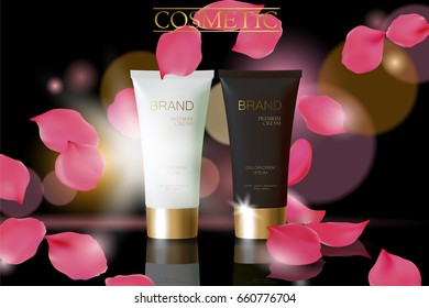 Black pearl cosmetic ad design template. Dark golden skin care package tube glass reflection. Rose petals defocused background promotional banner vector illustration art