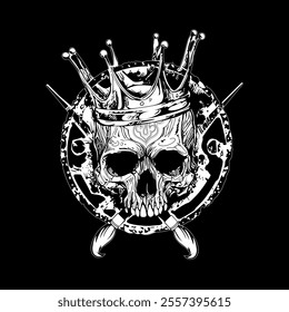 Black pearl factory logo with skeleton head and crown as well. flame in mouth of skeleton and circular background with black and white illustration. 2 colors scary illustration with evil and death