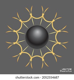 Black pearl inside gold decorative web. Sphere inside golden stelized sun template. Vector design element for futuristic interior decoration and jewelry. Geometric shape in trendy minimalistic design