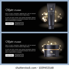 Black pearl night cream, container box and tube with cosmetic product for womens skincare, vector illustration isolated in realistic design closeup