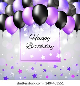 Black and pearl purple colorful balloons. Birthday party decoration. Happy birthday greeting card design with a light background. Arch of helium balloons glossy. Holiday design. Vector illustration