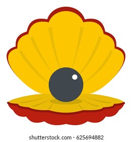 Black pearl in a sea shell icon flat isolated on white background vector illustration