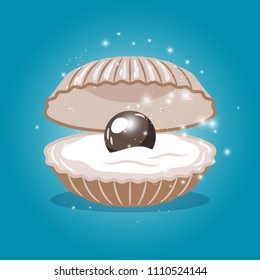 Black pearl in sea shell with shiny elements vector illustration