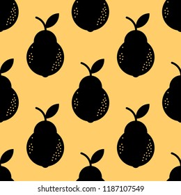 Black pears silhouettes graphic seamless pattern. On yellow background. 