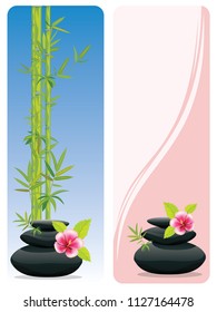 Black pebbles pile, zen stones heap with flower and bamboo banners on white background.