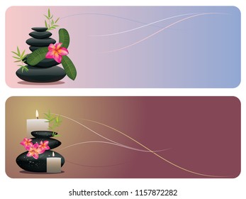 Black pebbles pile, zen stones heap with flower and bamboo banners on white background.