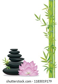 Black pebbles pile, zen stones heap and purple lotus flower background.