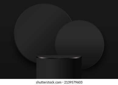 Black pedestal with a circular background. Vector abstract studio 3D platform. Minimal scene for beauty products.