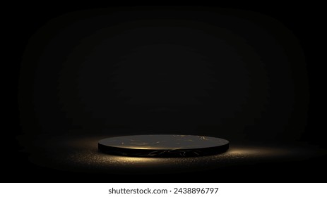 Black pedestal with marble pattern and light shine on dark black background. Empty circle base in luxury design for product display, advertising, sale, and show. Vector illustration.