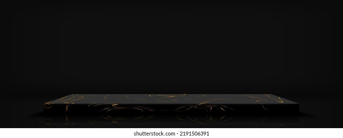 Black pedestal with marble pattern on dark black background. Empty square base in luxury design for product display, advertising, sale, and show. Vector illustration.