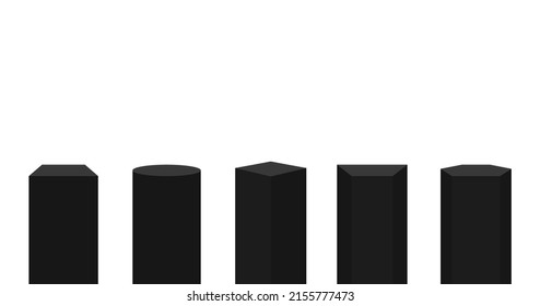 Black pedestal and podium mockup in pillar shapes. Empty museum stage or pedestal mockup isolated on white background. Stand for award ceremony, product presentation and museum exhibition. Vector