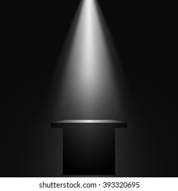 Black pedestal. Stand. Tribune. Spotlight. Vector illustration.