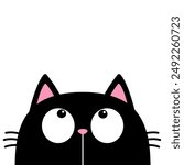 Black peeking cat face head silhouette looking up. Big eyes. Pink nose, ears. Cute cartoon character. Kawaii kitten baby pet animal. Greeting card. Sticker print. Flat design. White background. Vector