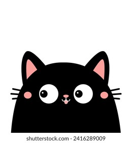 Black peeking cat face head silhouette. Cute cartoon character. Kawaii funny baby pet animal. Pink ears, tongue, nose, cheeks. Sticker print. Flat design. White background. Isolated. Vector