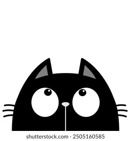 Black peeking cat face head silhouette looking up. Big eyes. Cute cartoon character. Kawaii kitten animal. Baby card. Pet collection. Flat design. Sticker print. White background. Vector illustration
