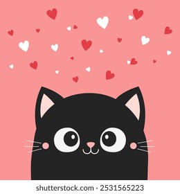 Black peeking cat face head. Funny kitten. Red white hearts. Happy Valentines Day. Cute cartoon kitty character. Kawaii animal in love. Greeting card. Childish style Flat design Pink background Vector
