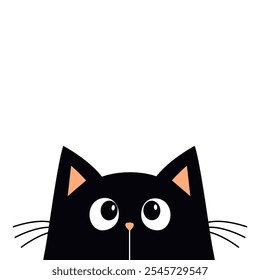 Black peeking cat face head silhouette looking up. Pink ears, nose. Big eyes. Cute cartoon character. Kawaii kitten baby pet animal. Greeting card. Sticker print. Flat design. White background. Vector