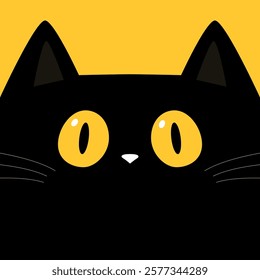 Black peeking cat face head with big yellow eyes. Cute cartoon character. Kawaii kitten baby pet animal. Greeting card. Sticker print. Childish style. Flat design. Yellow background. Vector