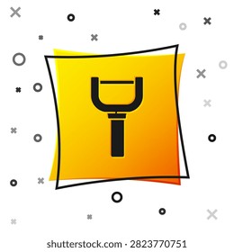 Black Peeler icon isolated on white background. Knife for cleaning of vegetables. Kitchen item, appliance. Yellow square button. Vector