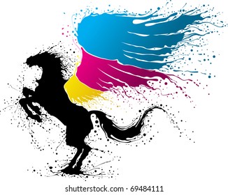 Black pegasus with wing in colors of CMYK