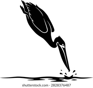 Black pelican silhouette diving into water for fishing isolated on white background