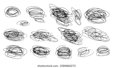 Black pen doodles in the shape of circles and ovals, abstract collection of children's doodles, black doodles in the shape of ovals and circles for decoration and design, ellipses in doodle style