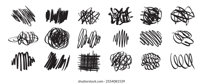 black pen Hand drawn Doodle scrawl. Simple grunge freehand shape. Ink pen scrawl collection - various scribble line drawings. Sketchy elements tangled lines. Vector illustration