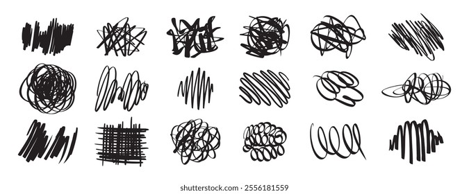 black pen Hand drawn Doodle scrawl. Simple grunge freehand shape. Ink pen scrawl collection - various scribble line drawings. Sketchy elements tangled lines. Vector illustration