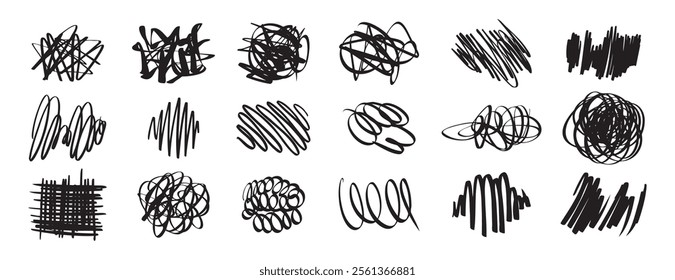 black pen Hand drawn Doodle scrawl. Simple grunge freehand shape. Ink pen scrawl collection - various scribble line drawings. Sketchy elements tangled lines. Vector illustration