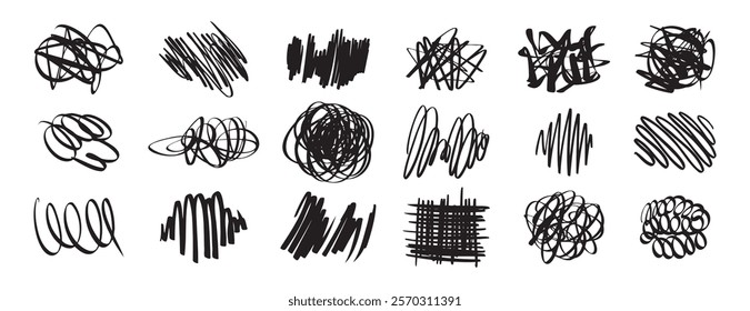 black pen Hand drawn Doodle scrawl. Simple grunge freehand shape. Ink pen scrawl collection - various scribble line drawings. Sketchy elements tangled lines. Vector illustration