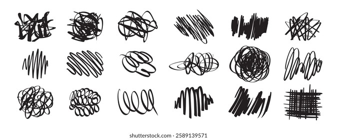 black pen Hand drawn Doodle scrawl. Simple grunge freehand shape. Ink pen scrawl collection - various scribble line drawings. Sketchy elements tangled lines. Vector illustration