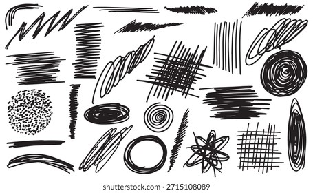 Black pen scribble and doodle collection. Marker pen lines, arrows and scribbles at grid background. Crayon drawn note doodles for hand drawn diagram, infographic and journaling. Dynamic sketch lines