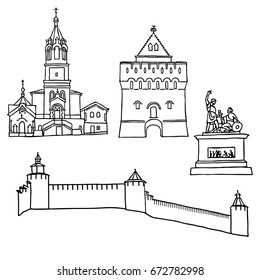 Black pen sketches and silhouettes of famous architecture. Set of the landmarks of Nizhny Novgorodcity, Russia. Vector illustration on white background.