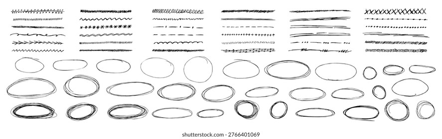Black pen strokes circle underline shapes with hand drawn doodle arrow elements. Rough doodles encircle important notes using strike accents. Vector kit bundle highlight text.