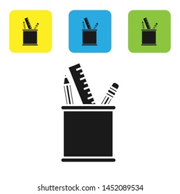 Black Pencil case stationery icon isolated on white background. Pencil, pen, ruler in a glass for office. Set icons colorful square buttons. Vector Illustration