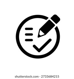 Black pencil and check mark icon in a circle symbol checklist concept