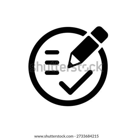 Black pencil and check mark icon in a circle symbol checklist concept