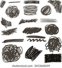 Black pencil curly lines and squiggles,wide strokes. Scribble strokes vector set