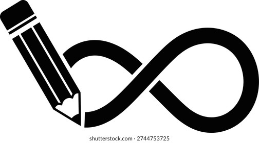 Black pencil drawing an infinity symbol icon. Concept for endless creativity, limitless imagination, and continuous writing.