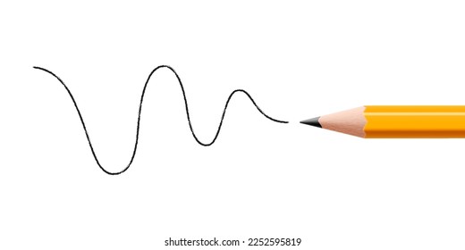 Black pencil drawing a wavy line, isolated on white background. stationery pencil mockup. Realistic 3d vector.